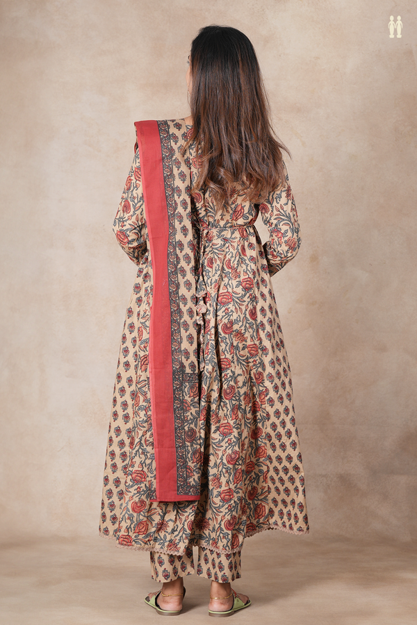 Front Tie Up Floral Design Brown Cotton Salwar Set