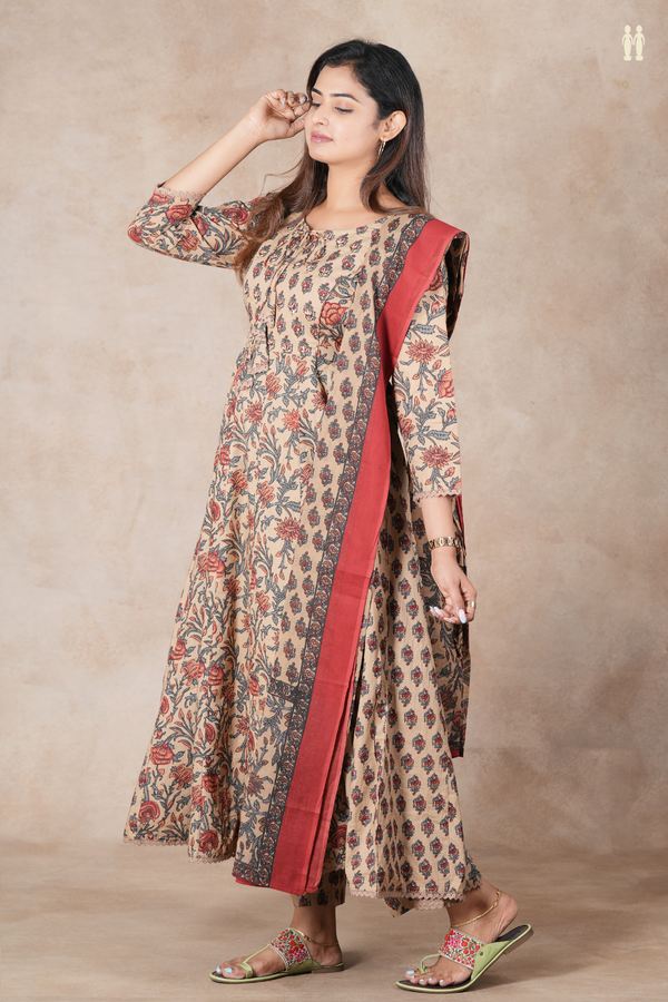 Front Tie Up Floral Design Brown Cotton Salwar Set