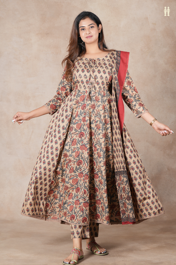 Front Tie Up Floral Design Brown Cotton Salwar Set