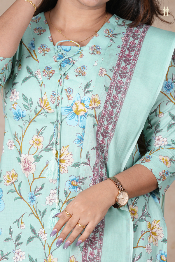 V-Neck Floral Design Green Cotton Salwar Set