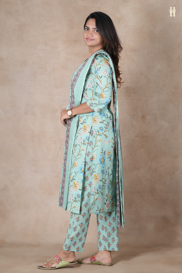 V-Neck Floral Design Green Cotton Salwar Set