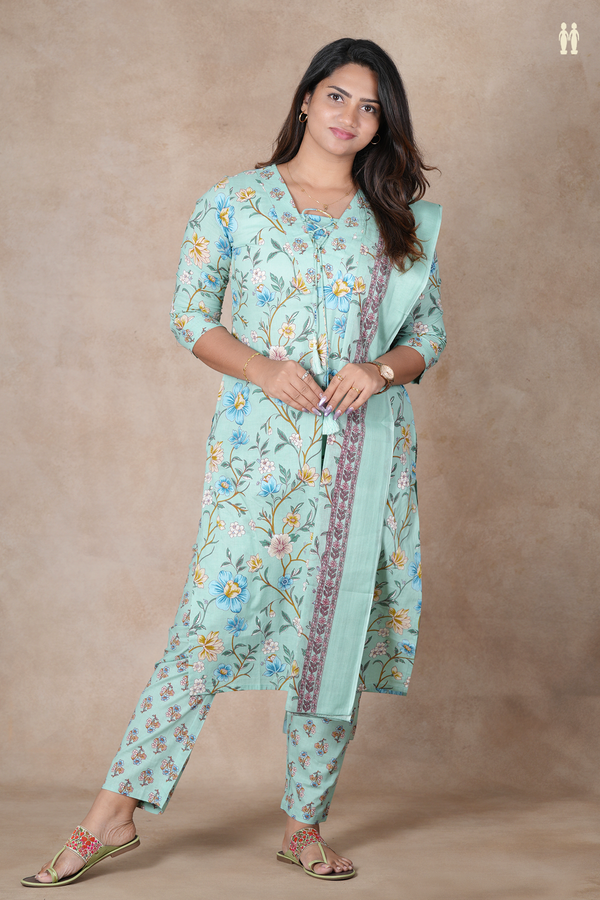 V-Neck Floral Design Green Cotton Salwar Set