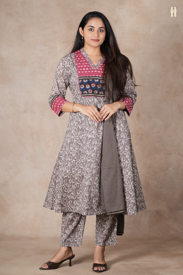 V-Neck Printed Design Oxford Brown Cotton Salwar Set