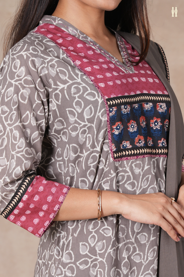 V-Neck Printed Design Oxford Brown Cotton Salwar Set