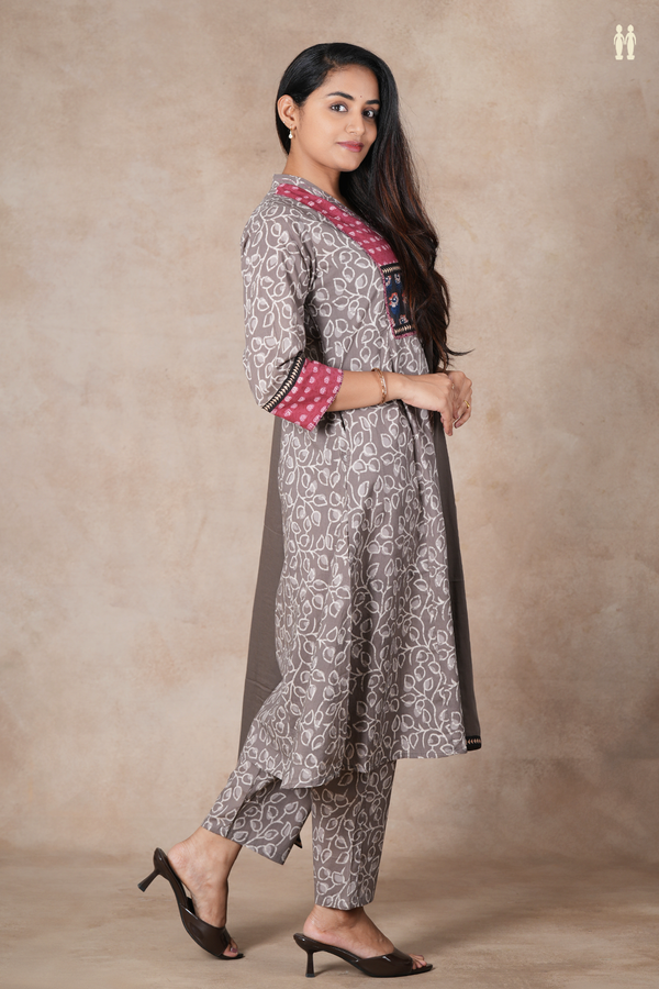 V-Neck Printed Design Oxford Brown Cotton Salwar Set