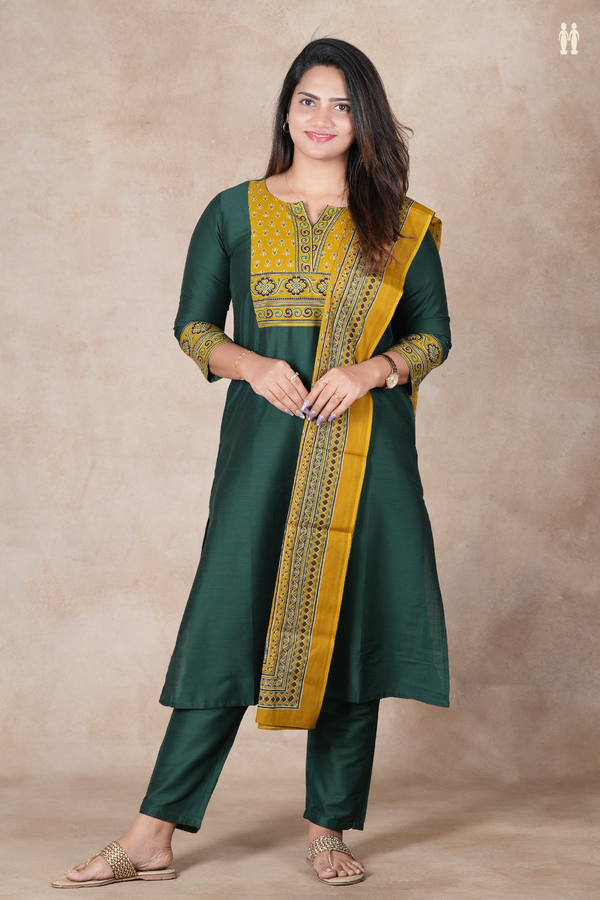 Split Neck Plain Forest Green Raw Silk Salwar Set