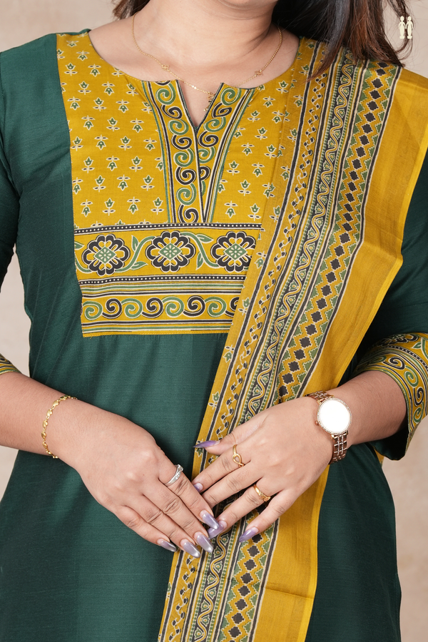 Split Neck Plain Forest Green Raw Silk Salwar Set