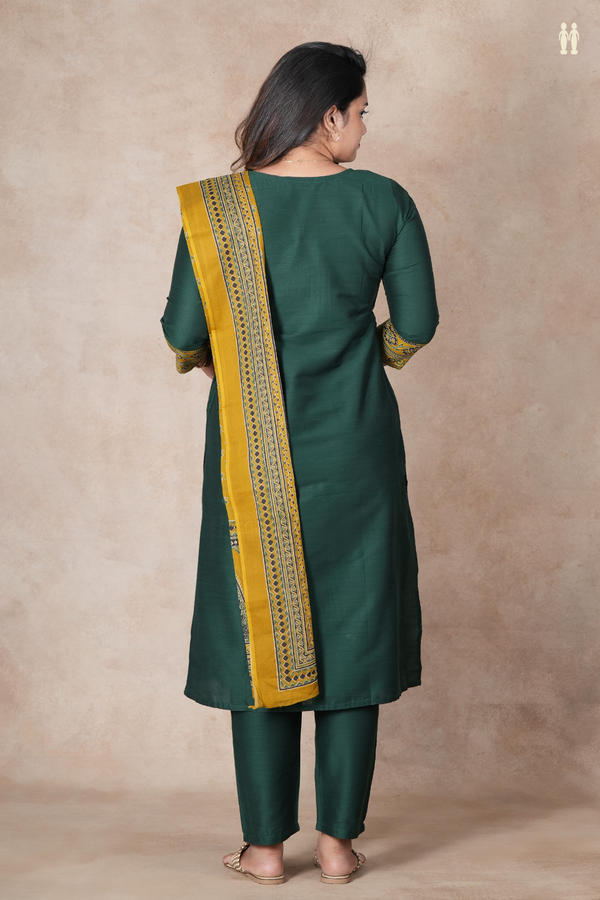 Split Neck Plain Forest Green Raw Silk Salwar Set