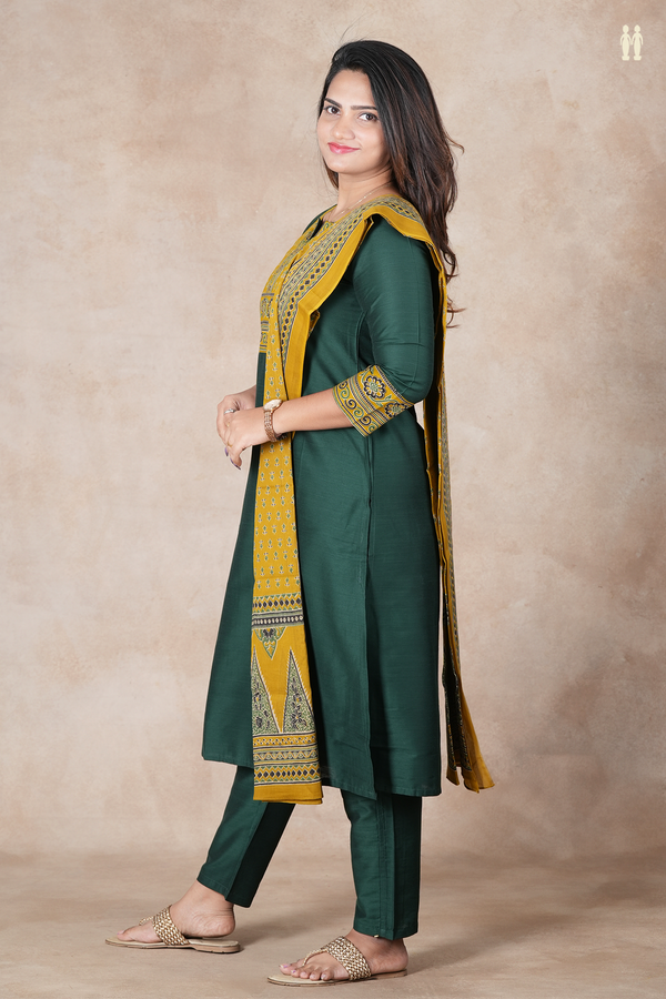 Split Neck Plain Forest Green Raw Silk Salwar Set