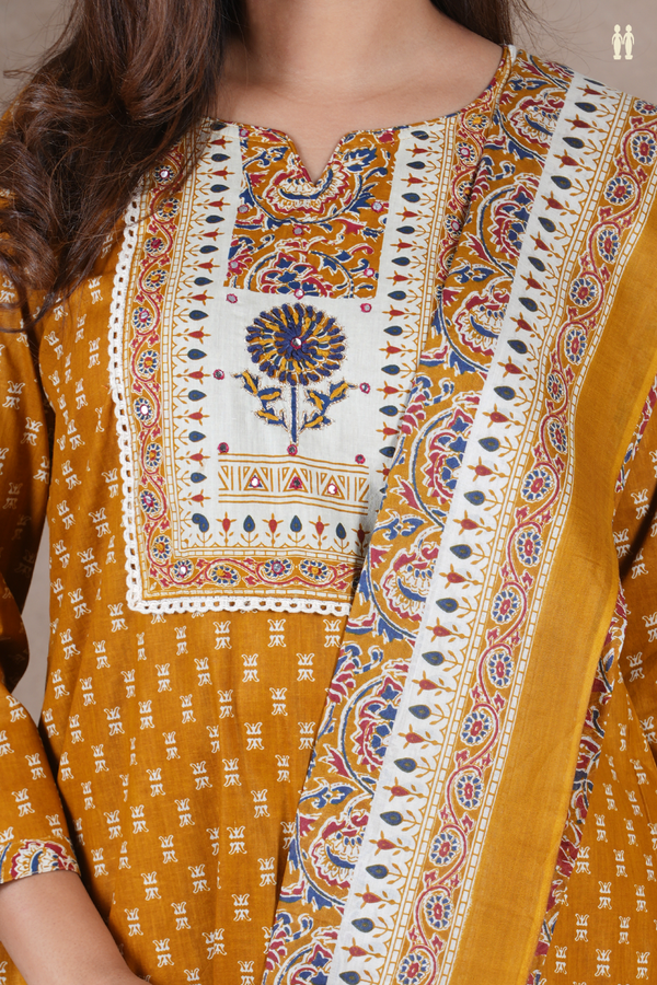 Split Neck Printed Design Golden Yellow Cotton Salwar Set