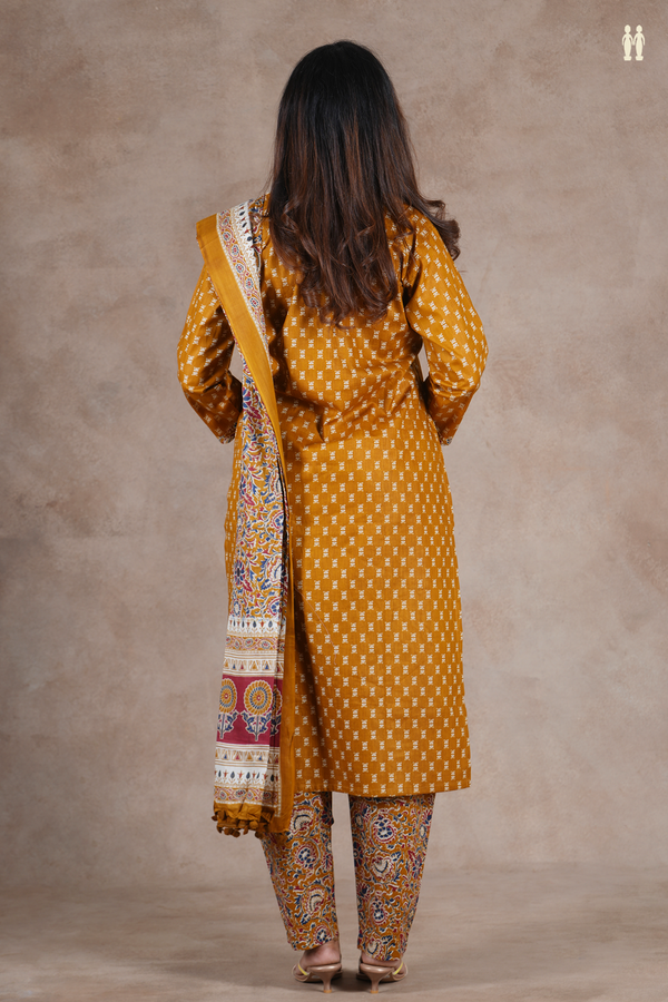 Split Neck Printed Design Golden Yellow Cotton Salwar Set