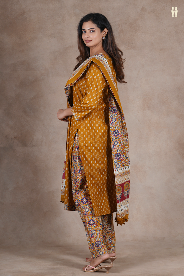 Split Neck Printed Design Golden Yellow Cotton Salwar Set