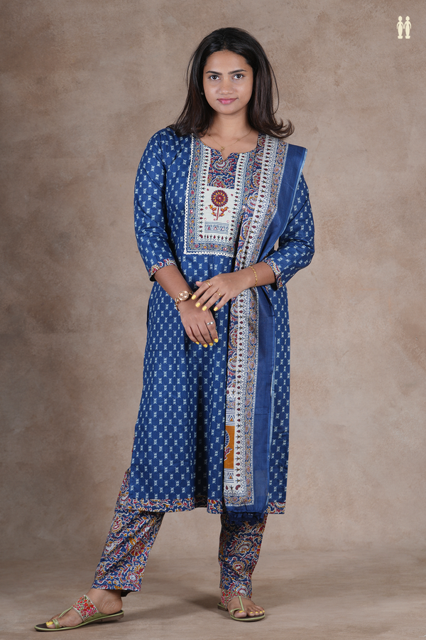 Split Neck Printed Design Blue Cotton Salwar Set
