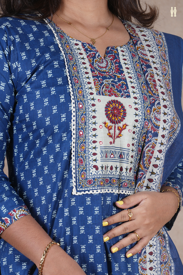 Split Neck Printed Design Blue Cotton Salwar Set