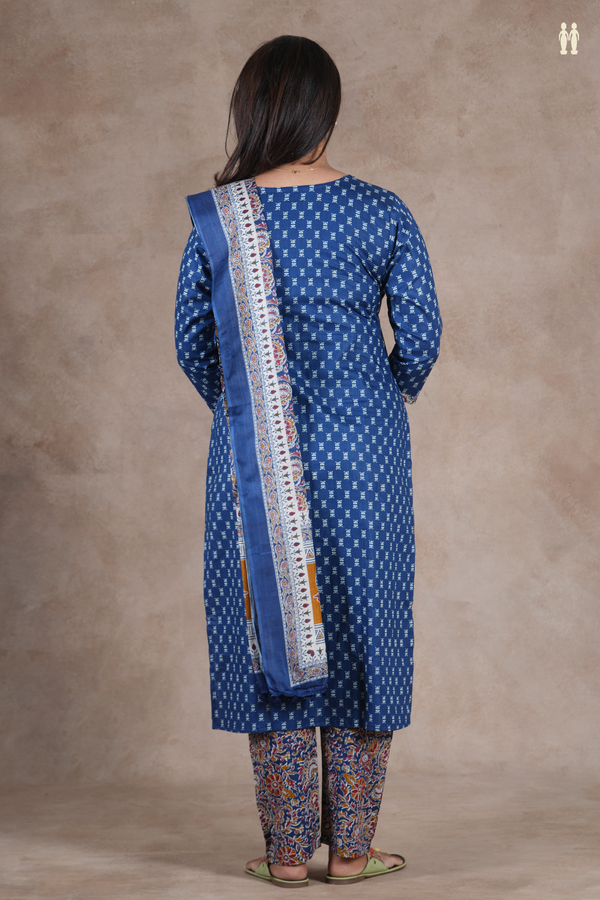 Split Neck Printed Design Blue Cotton Salwar Set