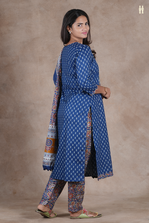 Split Neck Printed Design Blue Cotton Salwar Set