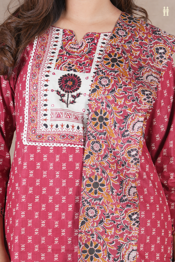 Split Neck Floral Design Red Cotton Salwar Set