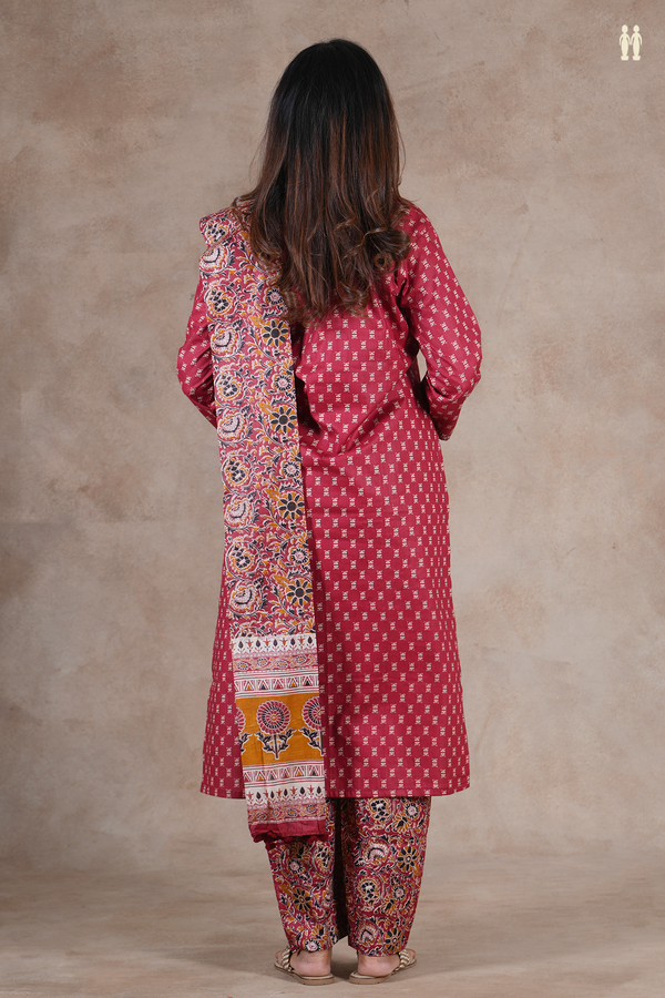 Split Neck Floral Design Red Cotton Salwar Set