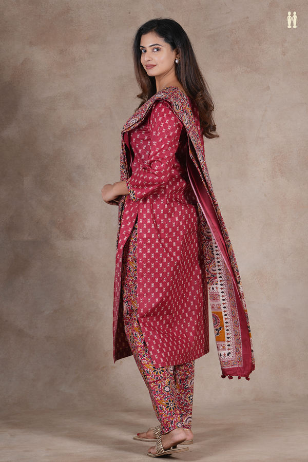 Split Neck Floral Design Red Cotton Salwar Set
