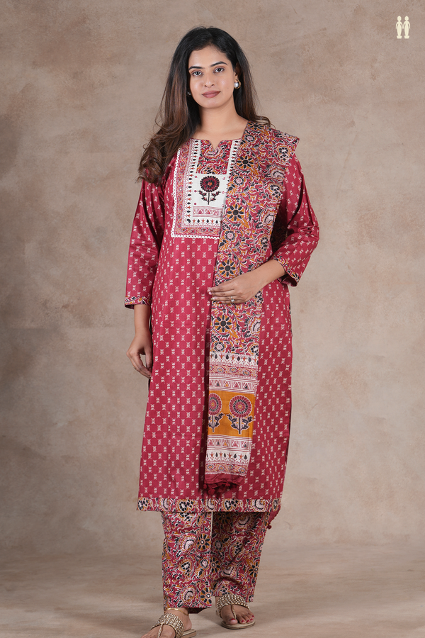 Split Neck Floral Design Red Cotton Salwar Set