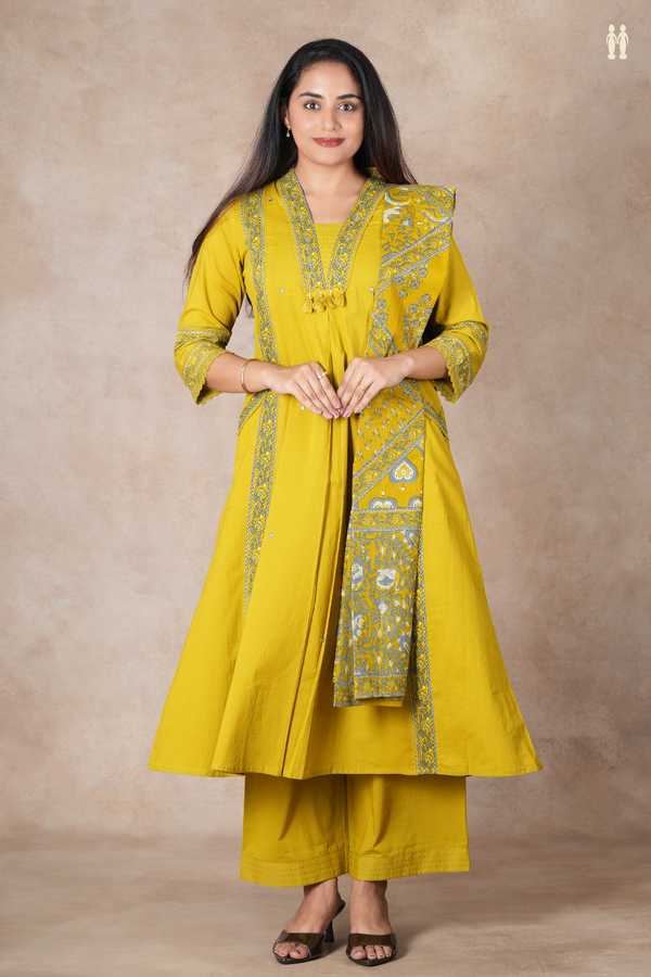 V-Neck Mirror Work Buttis Olive Yellow Cotton Salwar Set