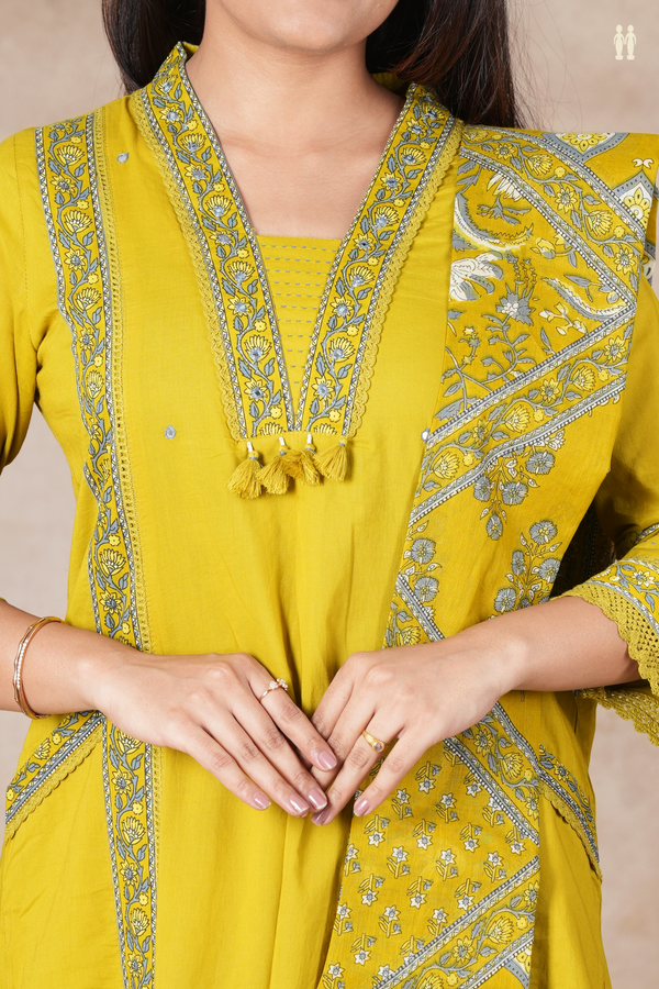 V-Neck Mirror Work Buttis Olive Yellow Cotton Salwar Set