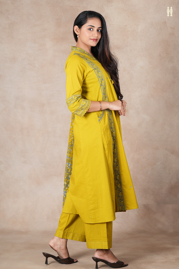 V-Neck Mirror Work Buttis Olive Yellow Cotton Salwar Set