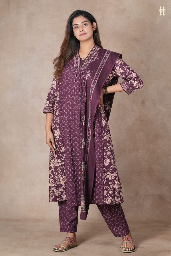 V-Neck Floral Design Purple Cotton Salwar Set