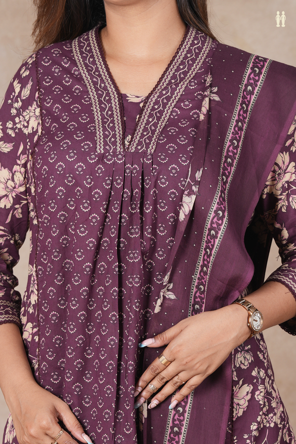 V-Neck Floral Design Purple Cotton Salwar Set