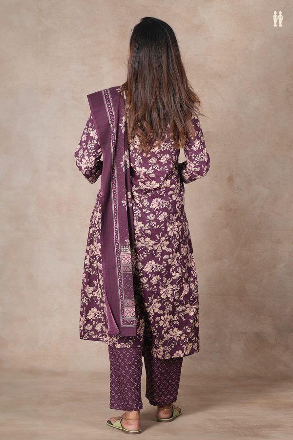 V-Neck Floral Design Purple Cotton Salwar Set