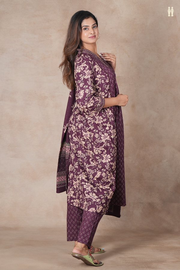 V-Neck Floral Design Purple Cotton Salwar Set