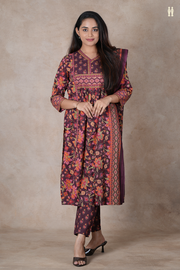 V-Neck Floral Design Coffee Brown Cotton Salwar Set