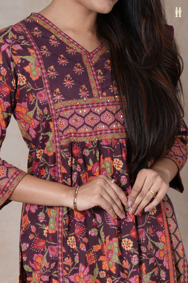 V-Neck Floral Design Coffee Brown Cotton Salwar Set