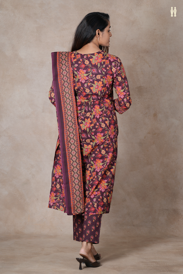 V-Neck Floral Design Coffee Brown Cotton Salwar Set