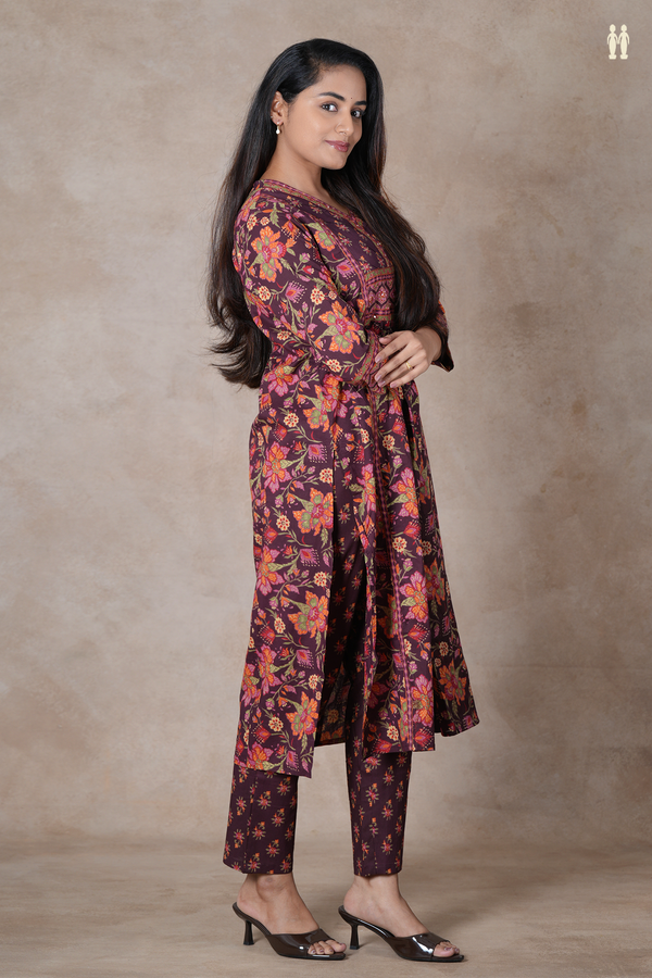 V-Neck Floral Design Coffee Brown Cotton Salwar Set