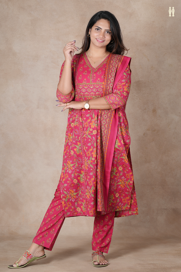 V-Neck Floral Design Hibiscus Red Cotton Salwar Set