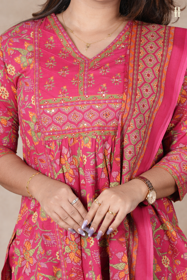 V-Neck Floral Design Hibiscus Red Cotton Salwar Set
