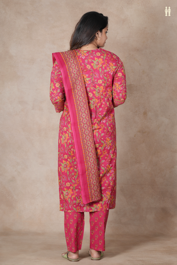 V-Neck Floral Design Hibiscus Red Cotton Salwar Set