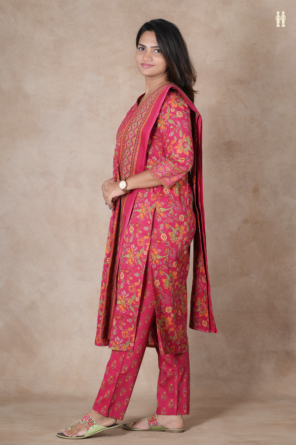 V-Neck Floral Design Hibiscus Red Cotton Salwar Set
