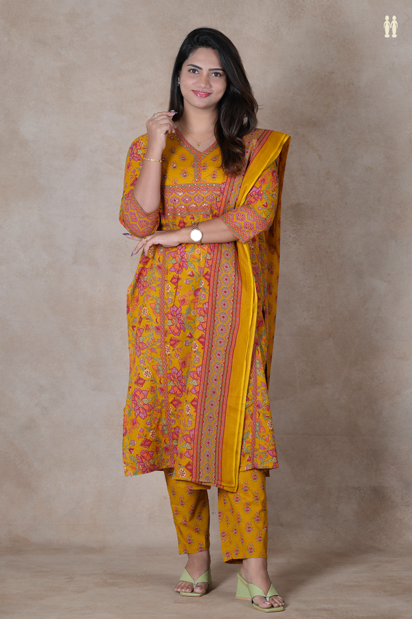 V-Neck Floral Design Golden Yellow Cotton Salwar Set