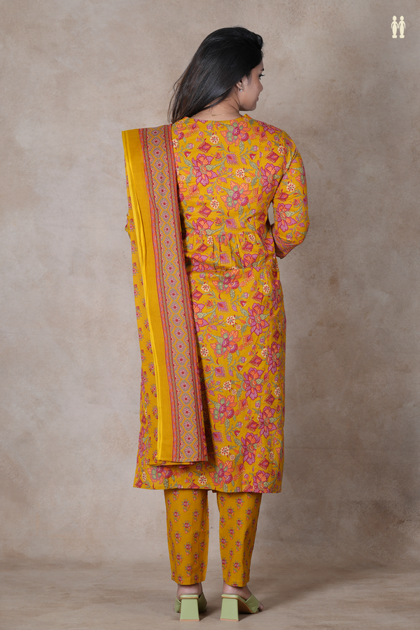 V-Neck Floral Design Golden Yellow Cotton Salwar Set
