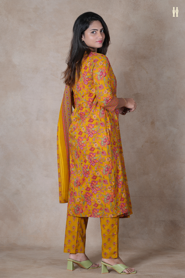 V-Neck Floral Design Golden Yellow Cotton Salwar Set