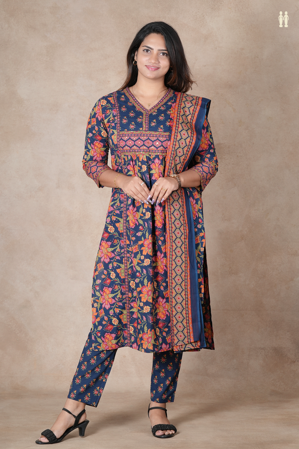 V-Neck Floral Design Prussian Blue Cotton Salwar Set