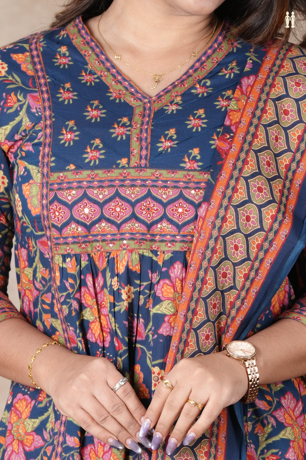 V-Neck Floral Design Prussian Blue Cotton Salwar Set