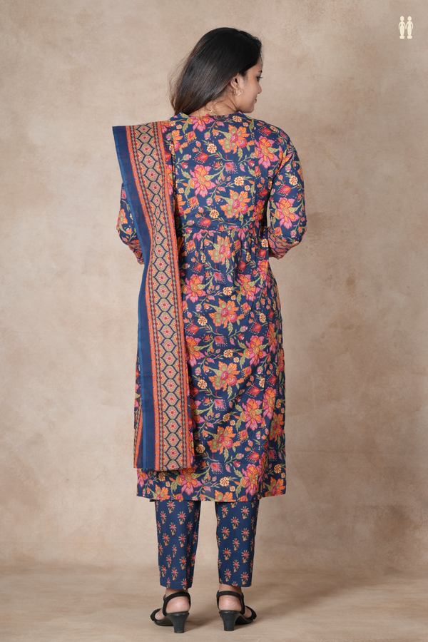 V-Neck Floral Design Prussian Blue Cotton Salwar Set