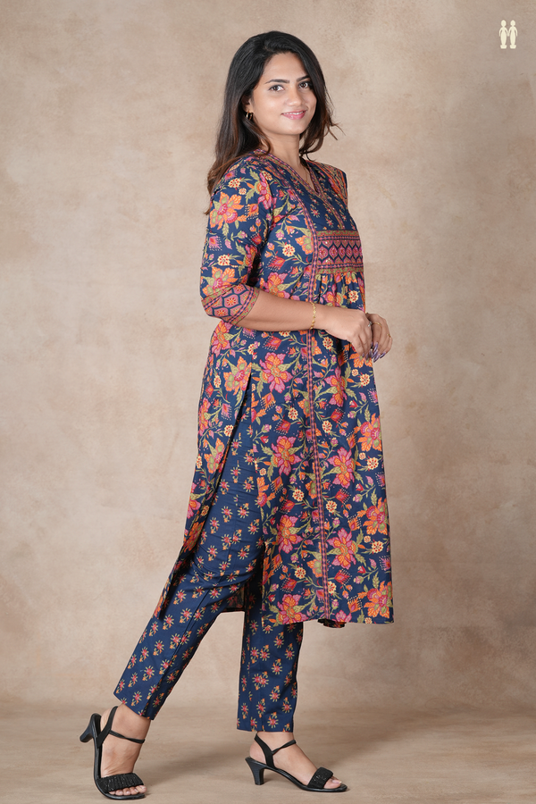 V-Neck Floral Design Prussian Blue Cotton Salwar Set