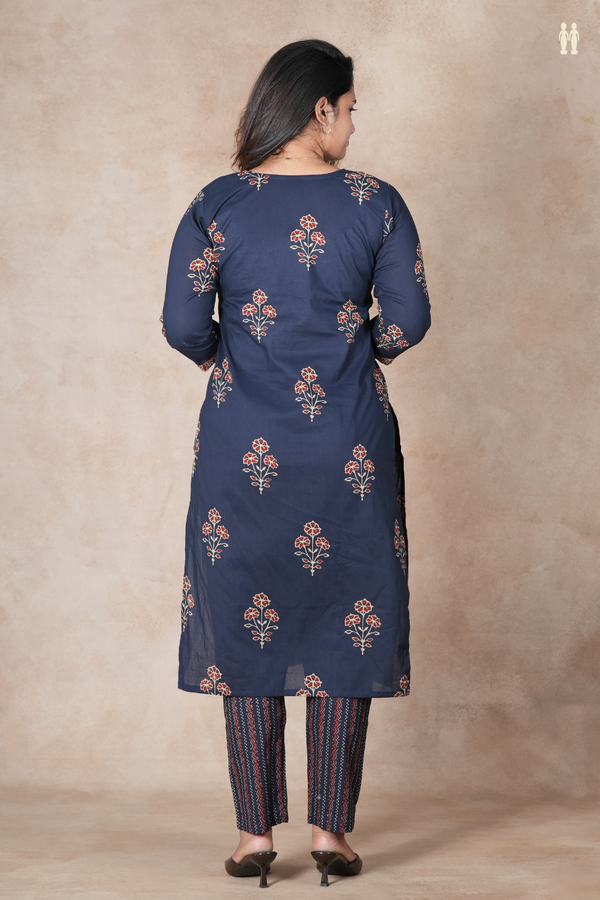 Split Round Neck Floral Design Navy Blue Cotton Salwar Set