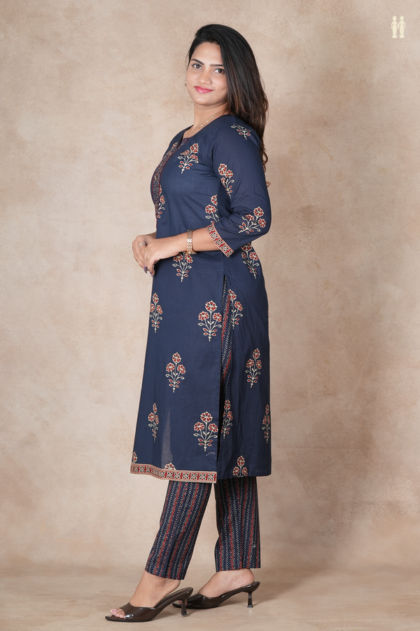 Split Round Neck Floral Design Navy Blue Cotton Salwar Set