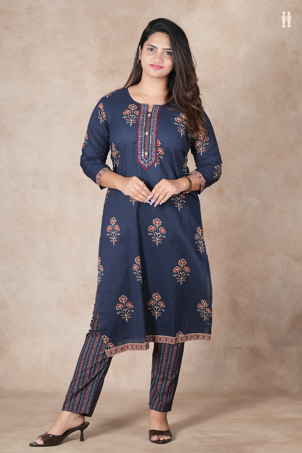 Split Round Neck Floral Design Navy Blue Cotton Salwar Set