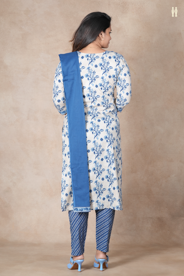 Split Neck Floral Design White Cotton Salwar Set